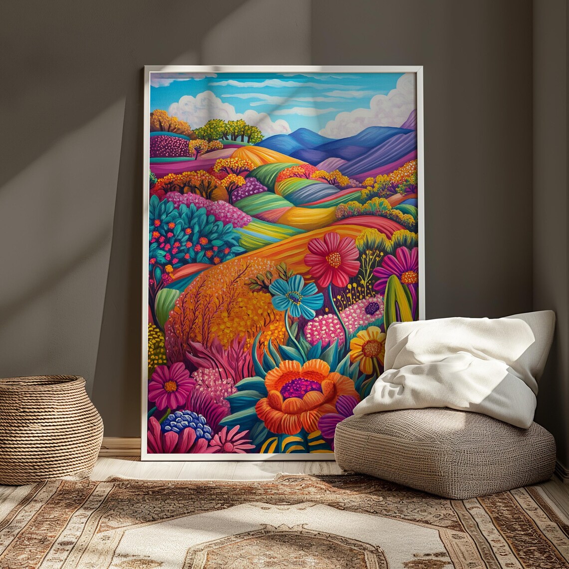 Folk Art Flower Garden Rainbow Hills Colorful Botanical Print - Image 3