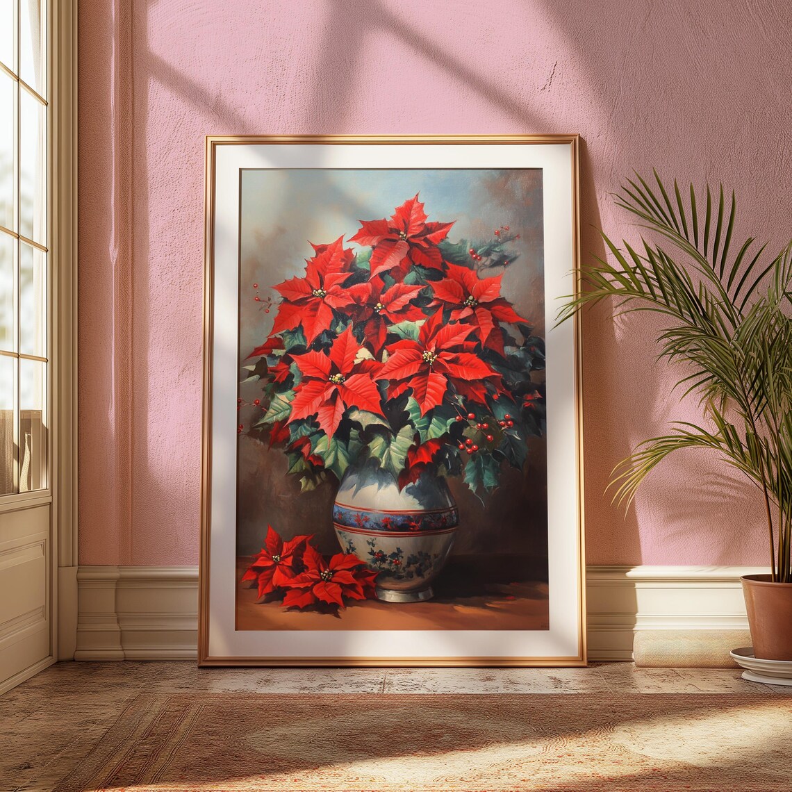 Red Poinsettia Berries Banded Vase Classic Christmas Still Life Poster - Image 2