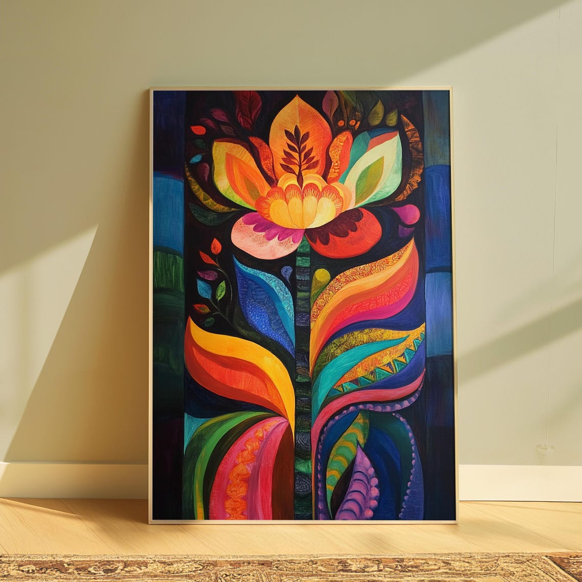 Ornate Folk Bouquet Dark Background Symmetrical Floral Art Poster
