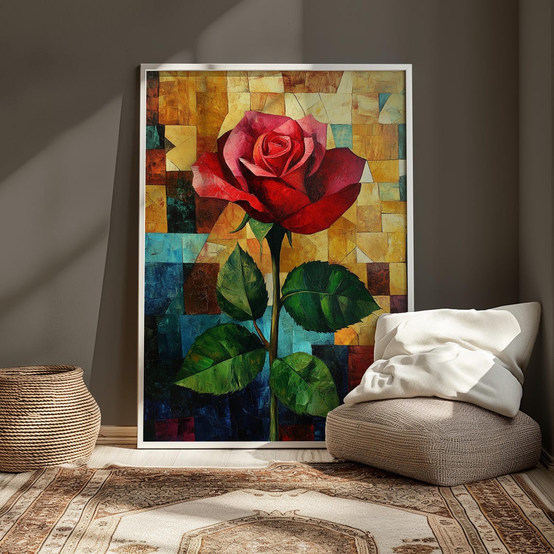 Red Rose Mosaic Tile Turquoise Gold Background Modern Floral Poster - Image 3