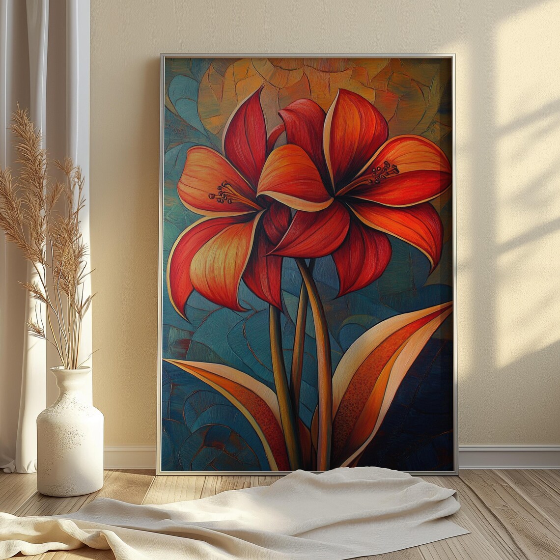 Twin Red Amaryllis Blooms Teal Mosaic Background Floral Poster - Image 4