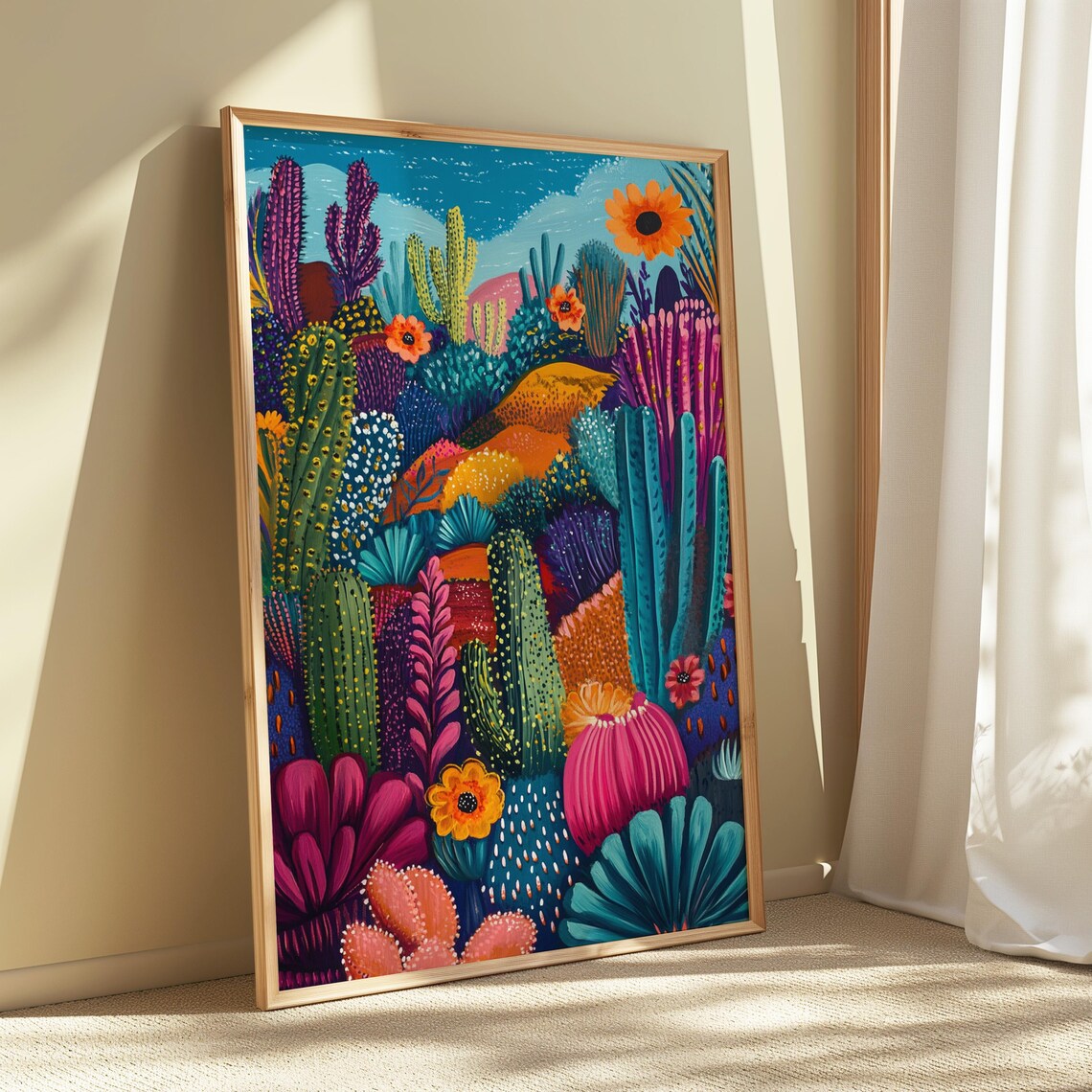 Colorful Cactus Garden Night Sky Blooming Succulents Whimsical Botanical Poster - Image 5