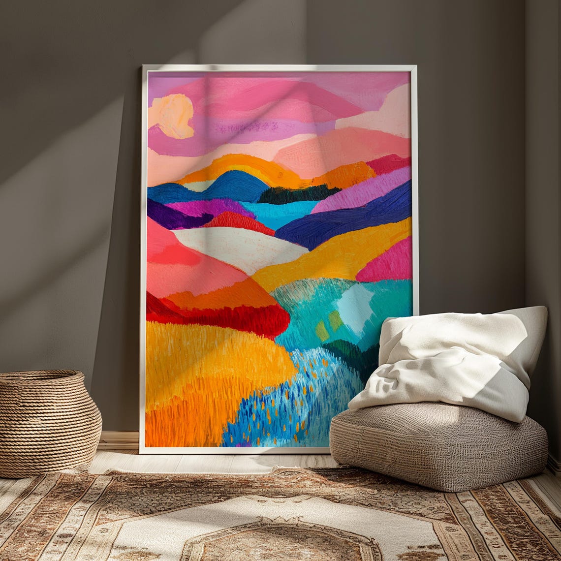 Abstract Colorful Rolling Hills Lake Sunset Landscape Art Print - Image 3