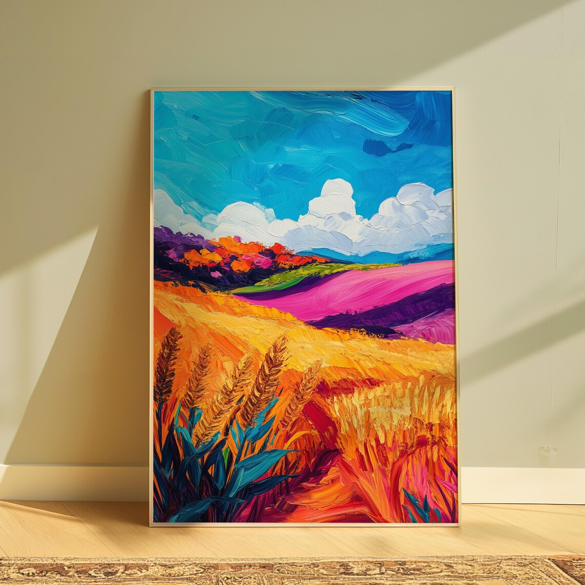 Golden Wheat Field Rolling Pink Hills Impasto Landscape Wall Art Poster
