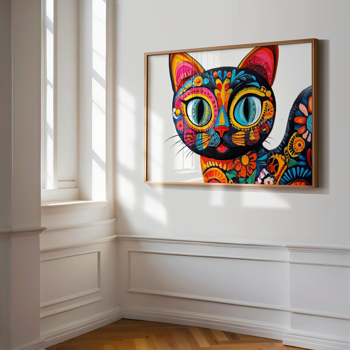 Mexican Alebrije Black Cat Floral Patterns White Background Folk Art Poster - Image 3