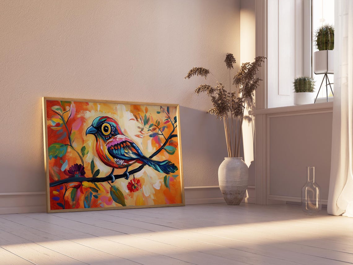 Colorful Perched Rainbow Bird Warm Orange Abstract Nature Poster - Image 2