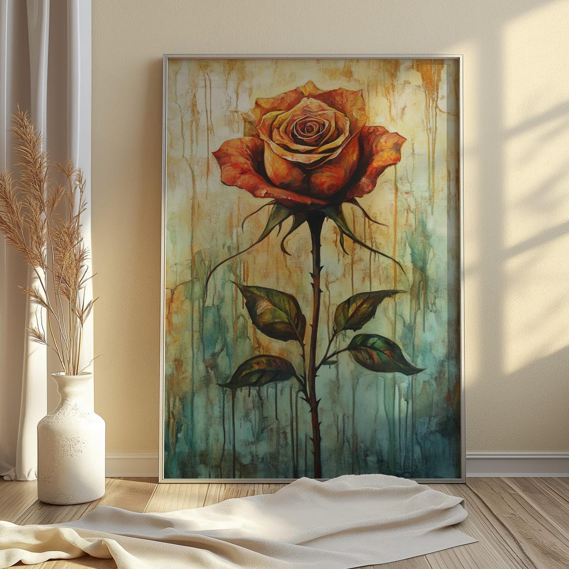 Rust Orange Rose Distressed Teal Beige Vintage Floral Poster - Image 4
