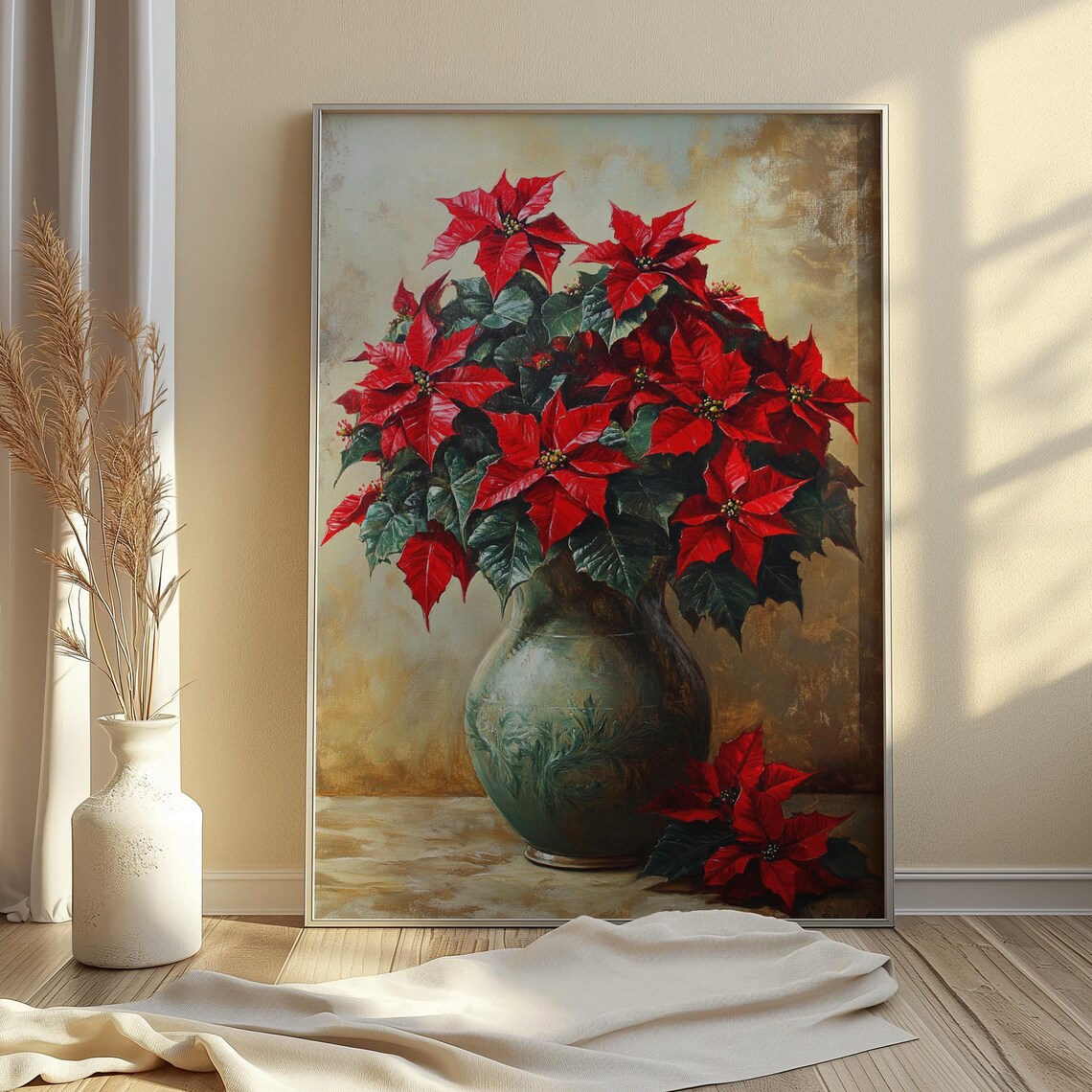 Red Poinsettia Antique Green Glass Vase Christmas Still Life Poster - Image 3