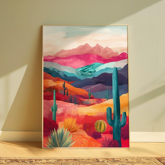Colorful Layered Desert Mountains Cactus Landscape Abstract Art Poster