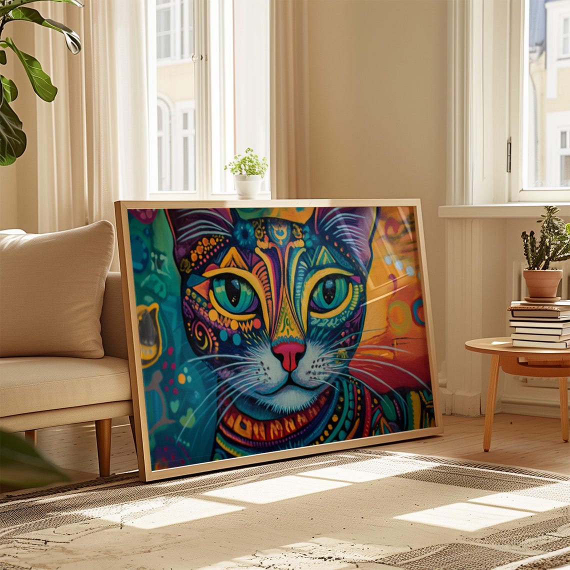 Psychedelic Cat Face Turquoise Eyes Vibrant Tribal Pattern Art Poster - Image 4
