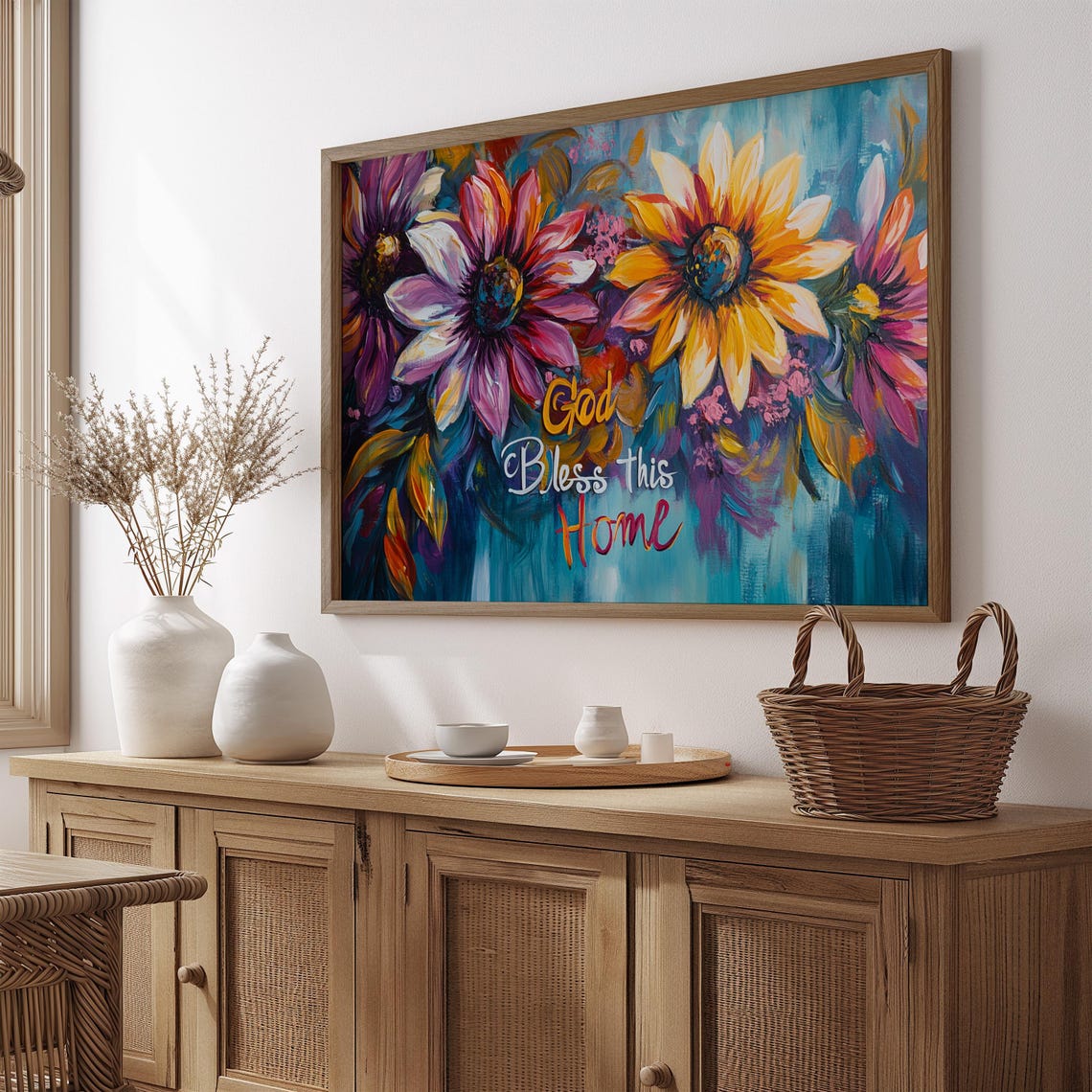 God Bless This Home Giant Daisy Gold Script Turquoise Poster