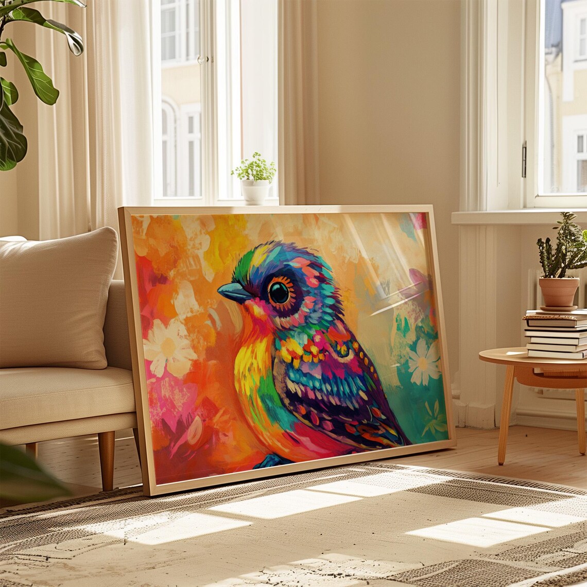 Rainbow Plumage Songbird Portrait Colorful Bird Flower Art Print - Image 4