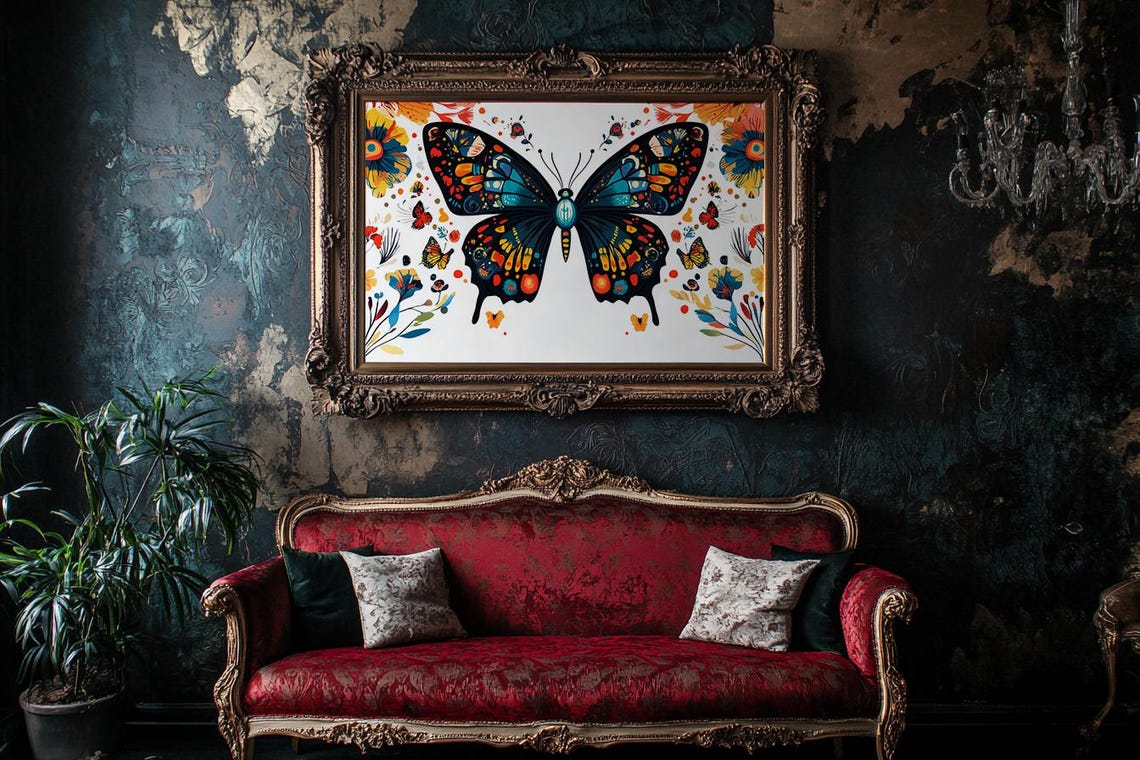 Vibrant Blue Orange Folk Art Butterfly Floral Mexican Style Poster