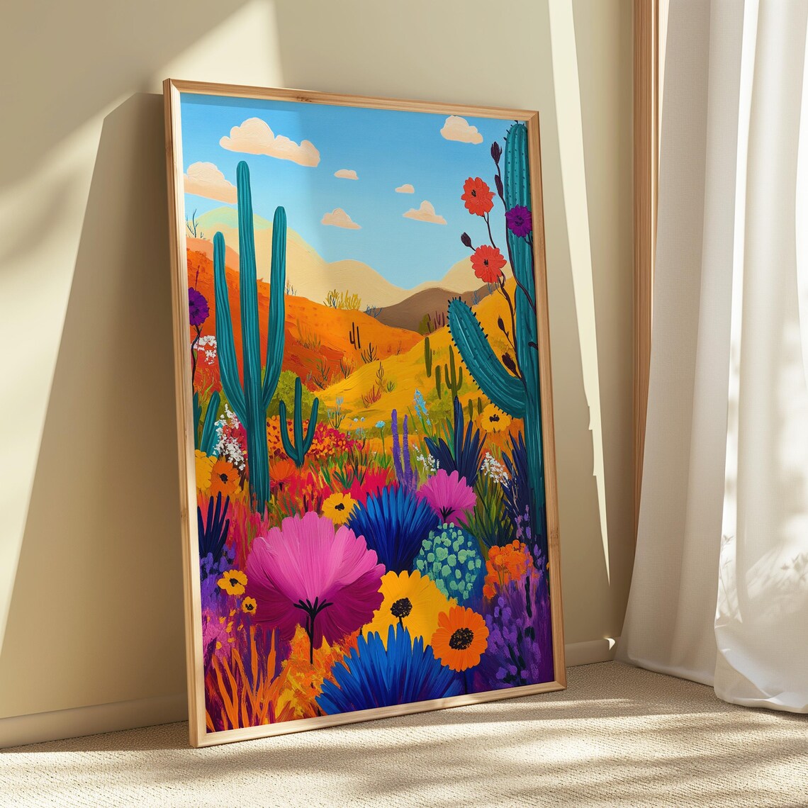 Bright Folk Art Desert Bloom Teal Saguaro Cacti Giant Wildflowers Poster - Image 5