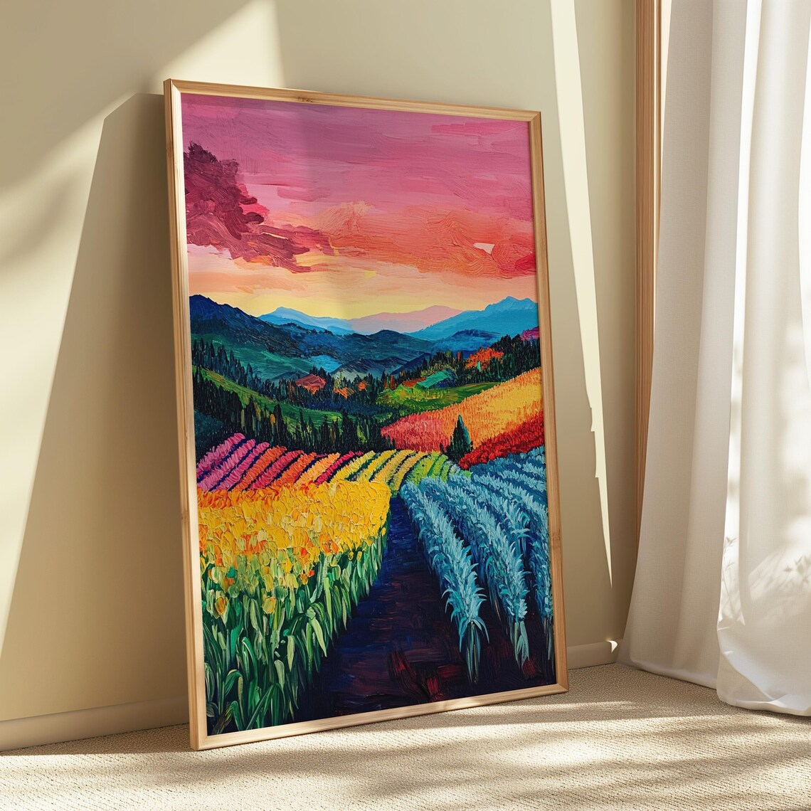 Colorful Crop Rows Pink Sunset Sky Blue Mountains Flower Field Landscape Poster - Image 5