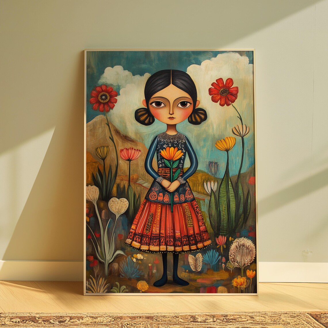 Folk Style Girl Embroidered Dress Holding Flower Bloom Garden Poster