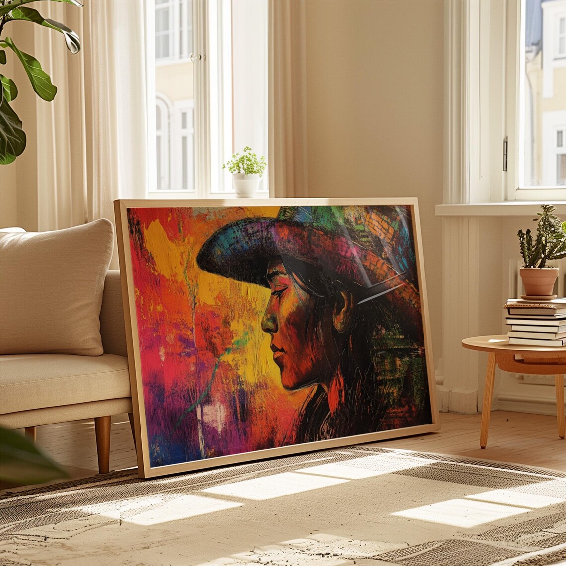 Mexican Woman Colorful Hat Profile Portrait Vibrant Painting Wall Art Print - Image 4