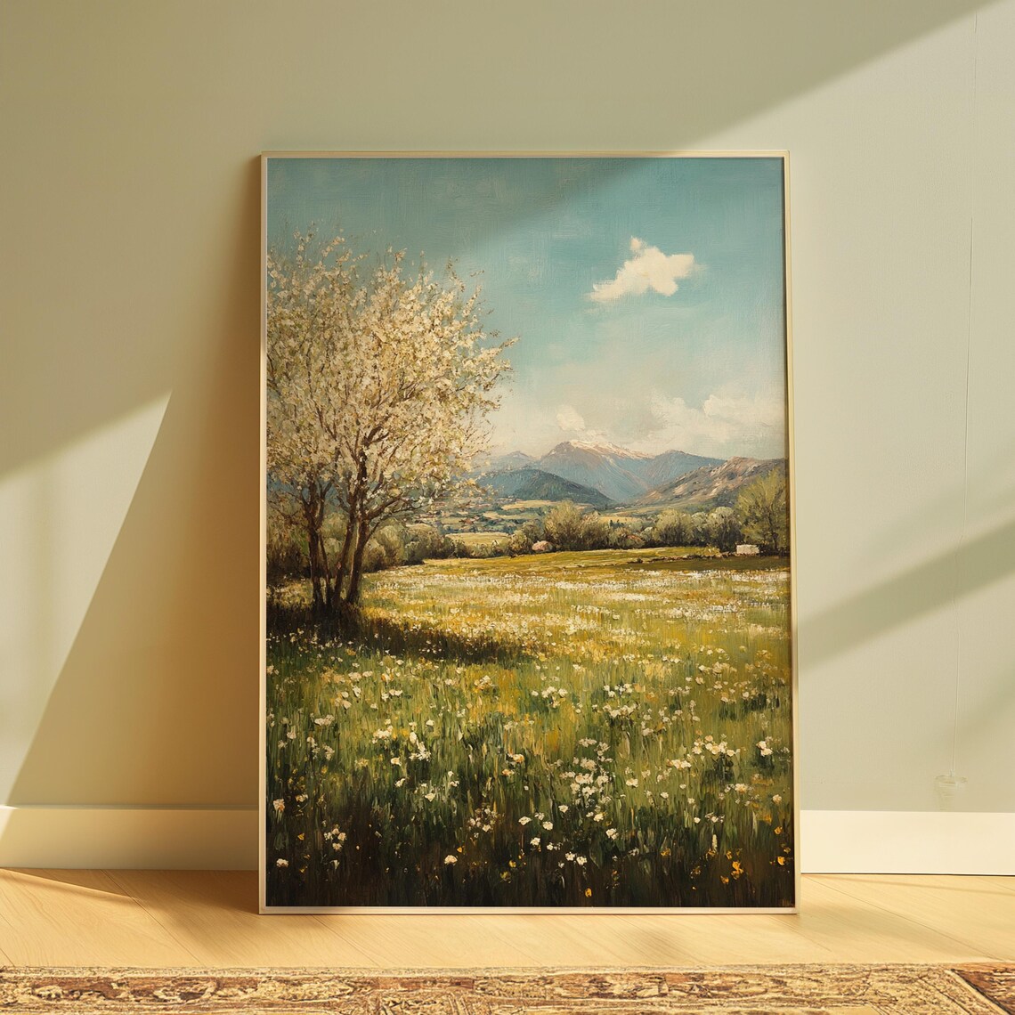 Spring Meadow Blossoming Tree Mountain View Soft Green Landscape Poster