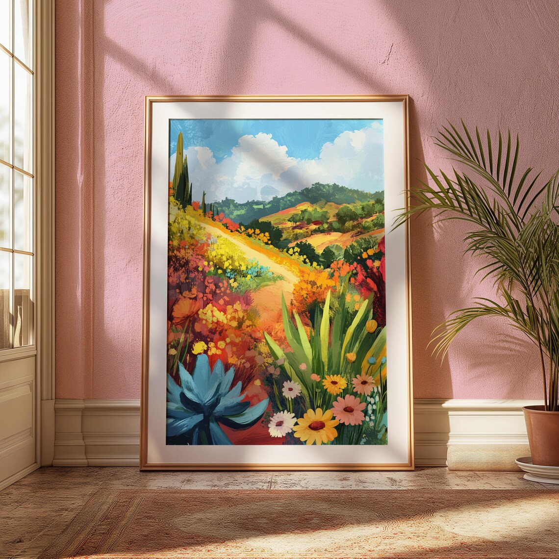 Hillside Wildflower Trail Cypress Trees Agave Garden Colorful Landscape Poster - Image 2