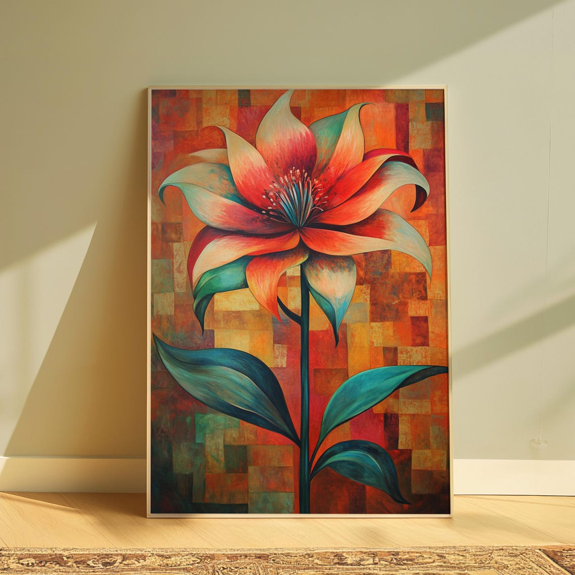 Red Teal Lily Large Bloom Orange Mosaic Tile Background Poster