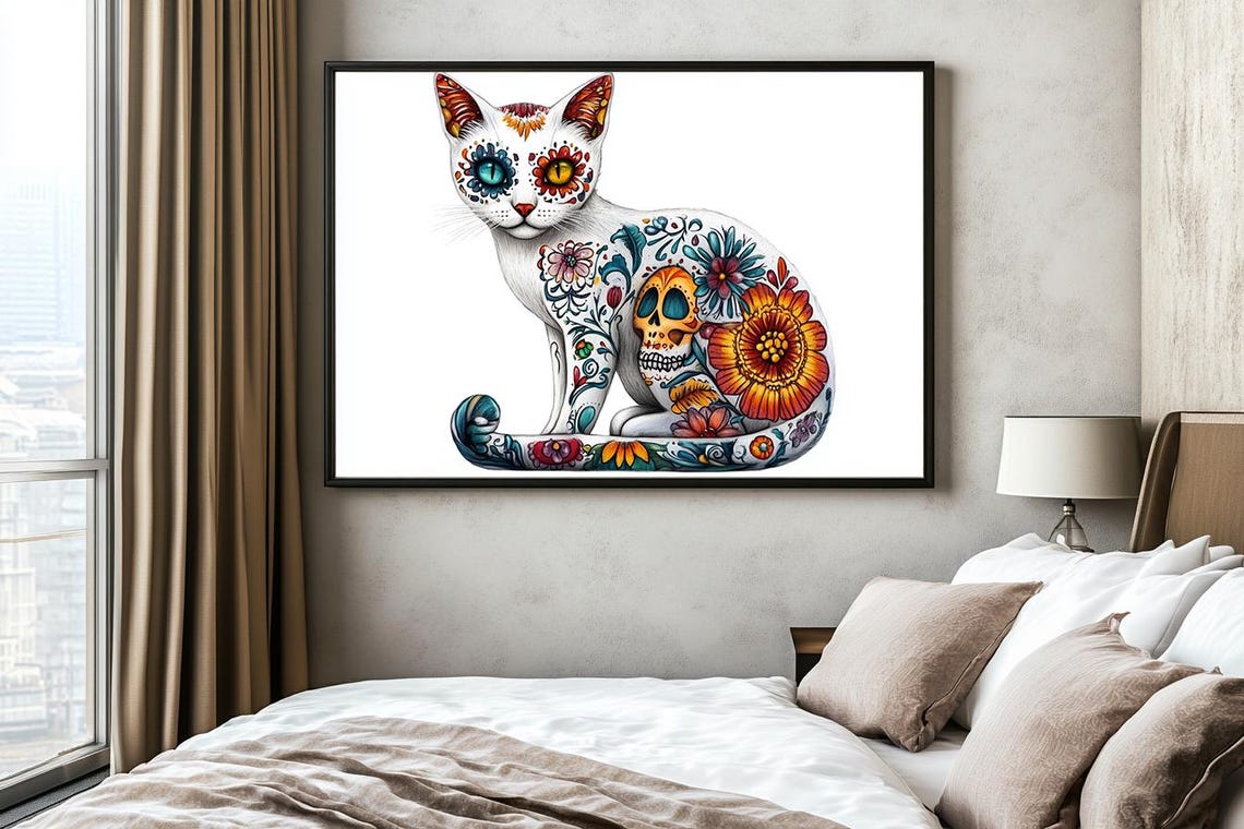 Folk Art Cat Covered In Floral Sugar Skull Patterns Art Poster - Image 2