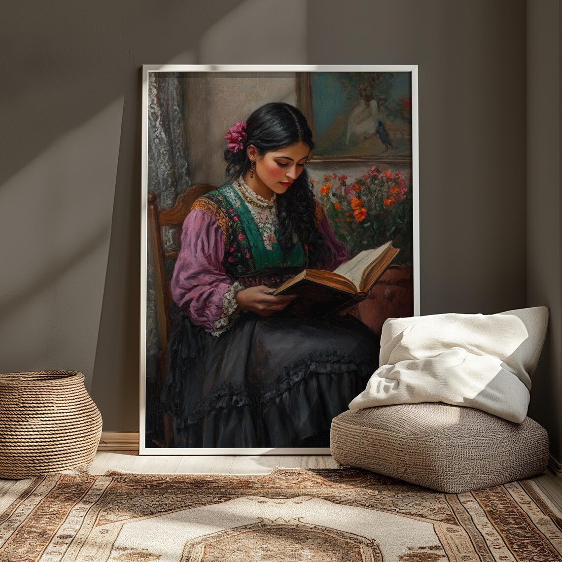 Traditional Mexican Dress Woman Reading Book Pink Flower Interior Poster - Image 3