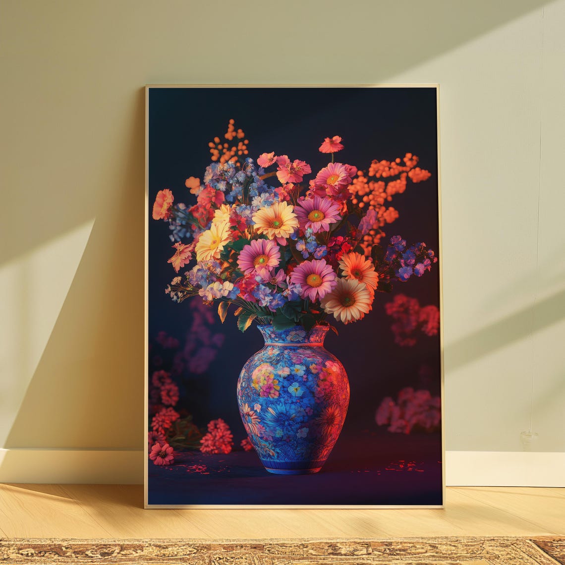 Glowing Pastel Wildflower Bouquet Blue Floral Vase Dark Moody Poster