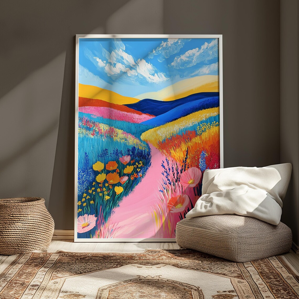 Pink Path Through Rainbow Flower Fields Colorful Hills Blue Sky Landscape Poster - Image 3