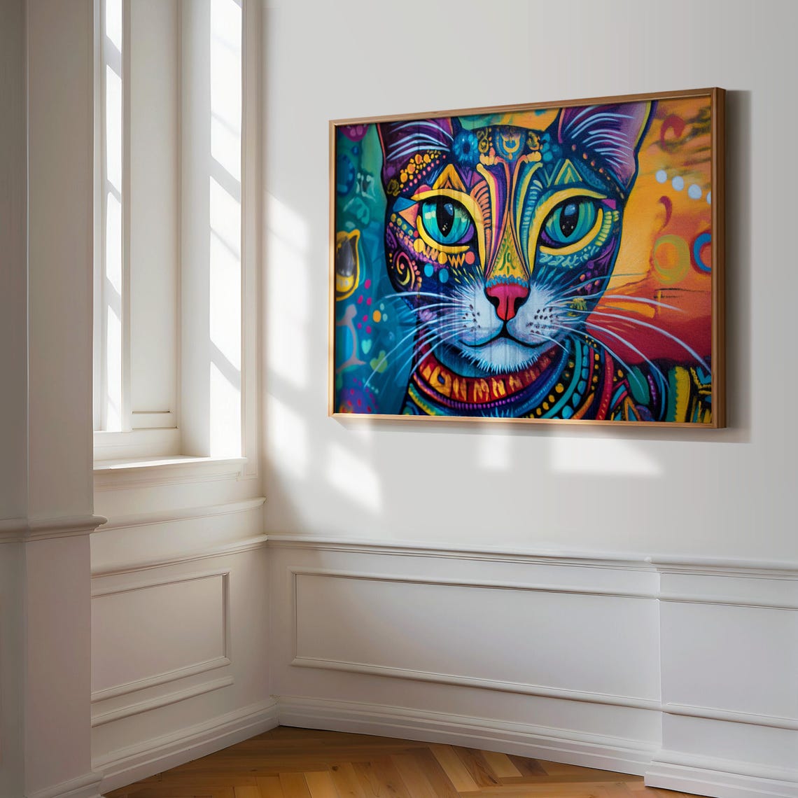 Psychedelic Cat Face Turquoise Eyes Vibrant Tribal Pattern Art Poster - Image 3