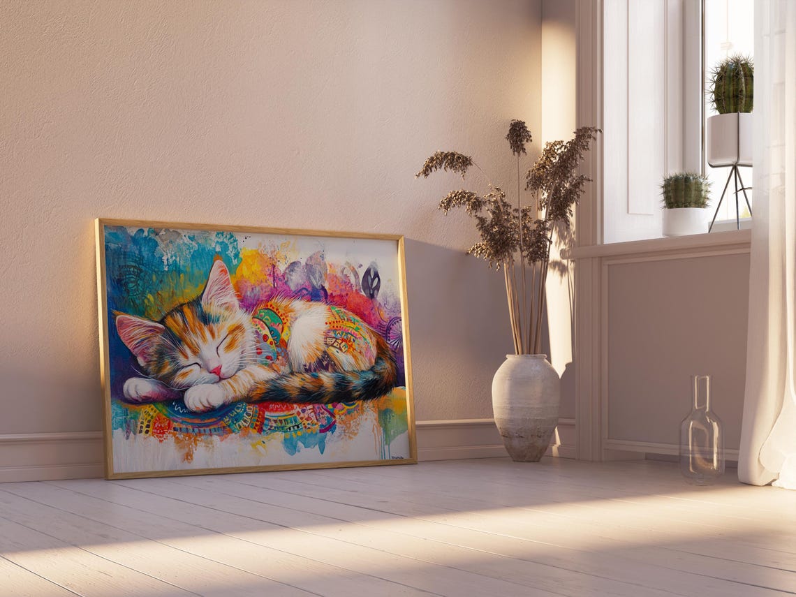 Sleeping Calico Kitten Colorful Mandala Rug Watercolor Cozy Cat Poster - Image 2