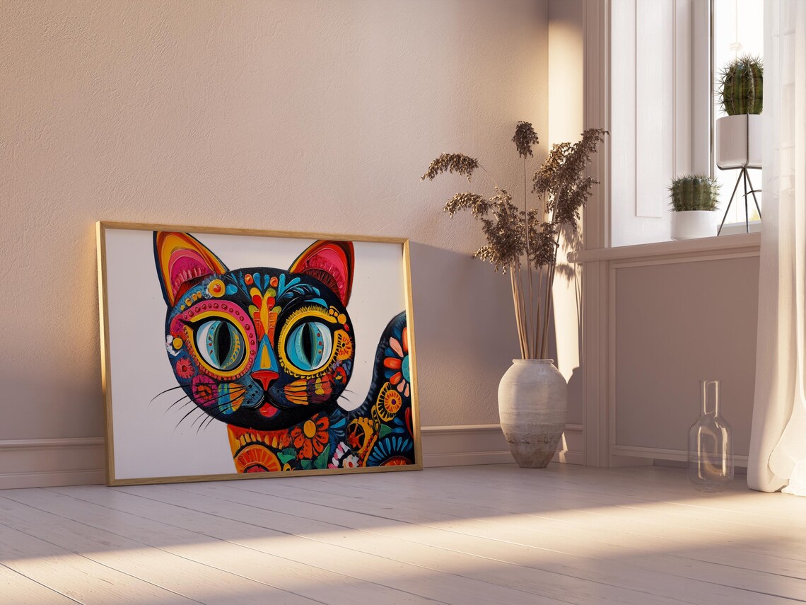 Mexican Alebrije Black Cat Floral Patterns White Background Folk Art Poster - Image 2