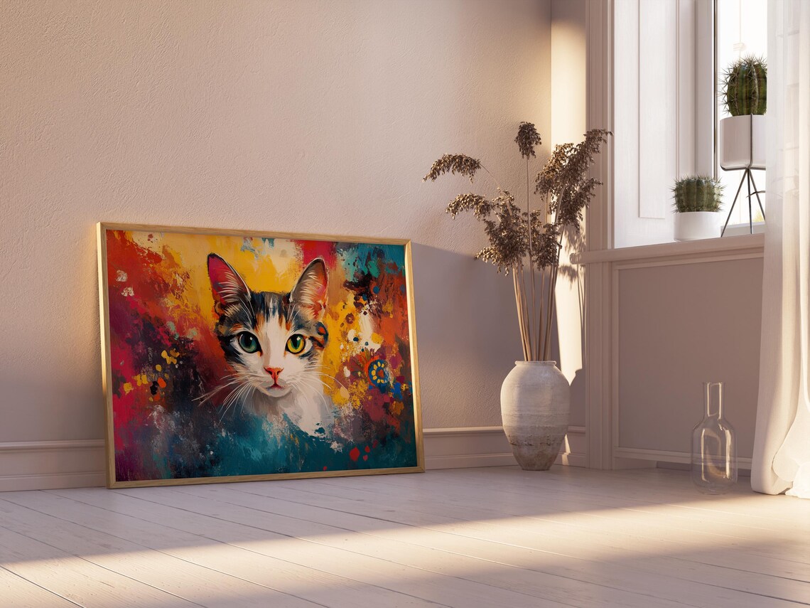 Calico Cat Face Green Eyes Abstract Sunset Colors Expressive Art Poster - Image 2
