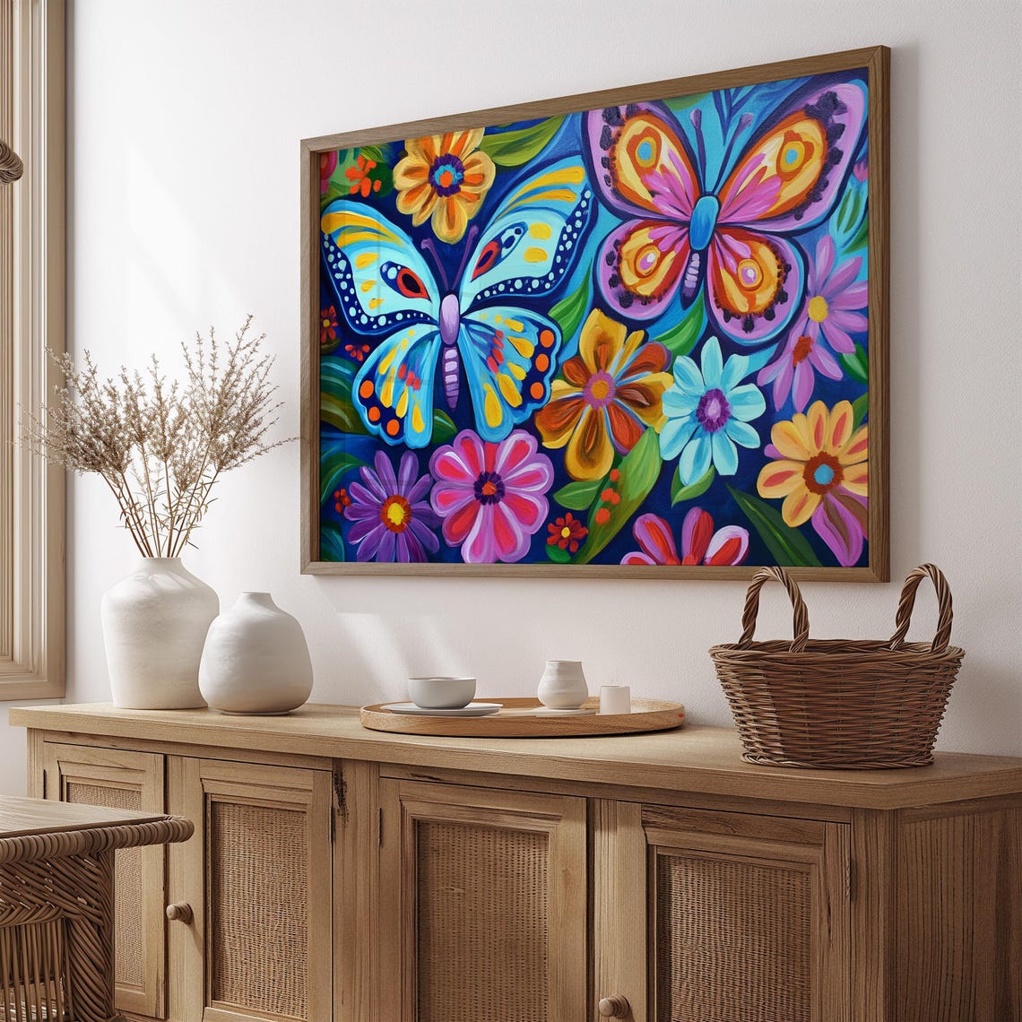 Two Colorful Butterflies Among Folk Flowers Dark Navy Garden Poster