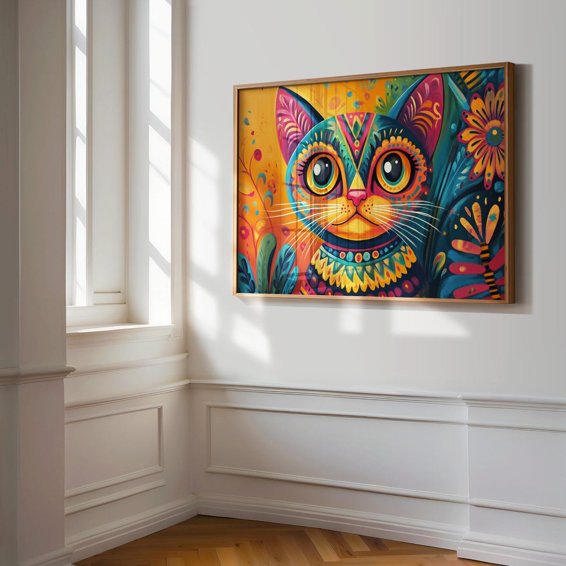 Smiling Folk Art Cat Patterned Collar Colorful Floral Poster - Image 3