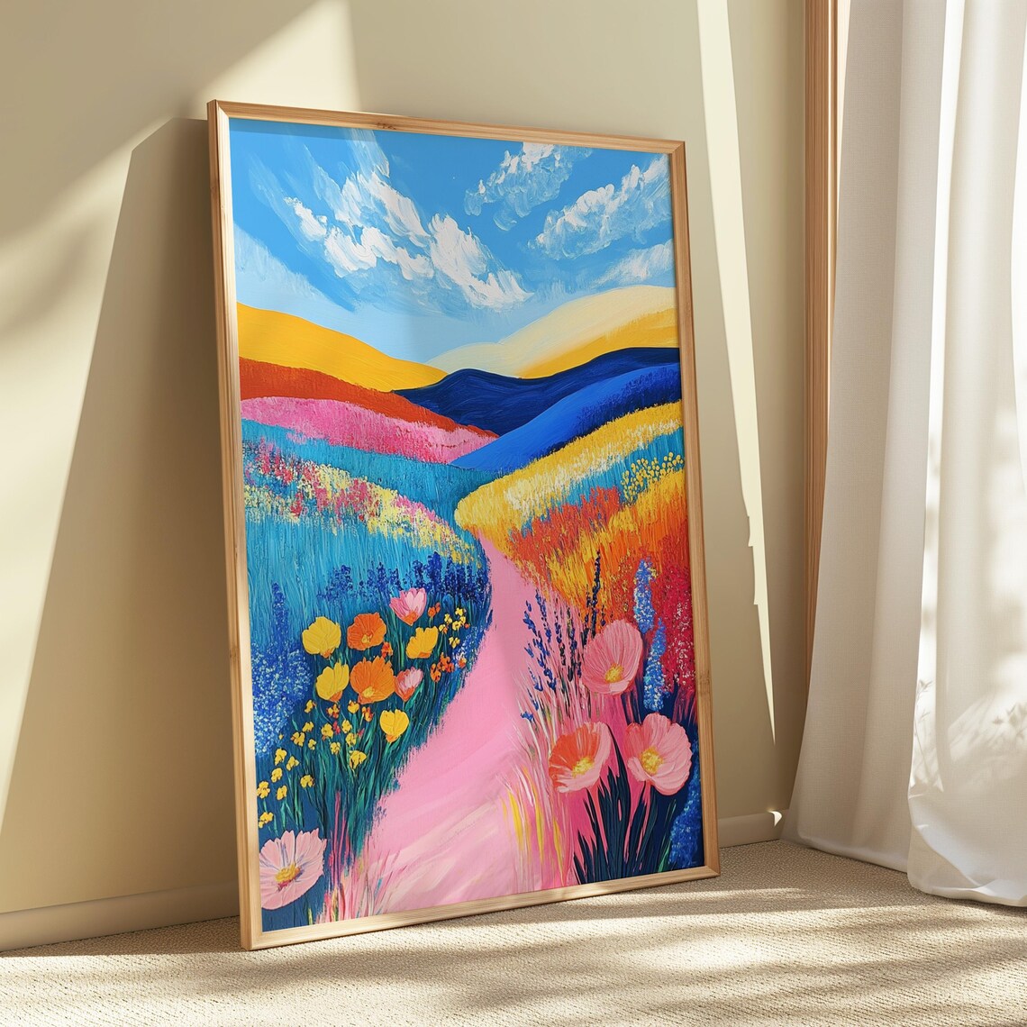 Pink Path Through Rainbow Flower Fields Colorful Hills Blue Sky Landscape Poster - Image 5