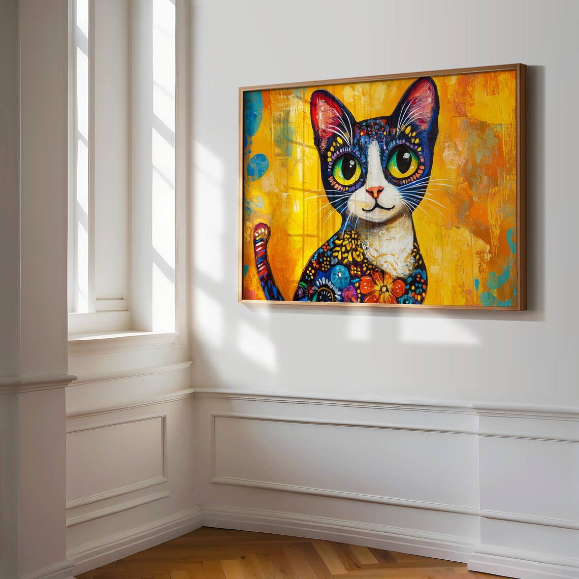 Tuxedo Cat Sitting Floral Patterned Coat Golden Yellow Background Poster - Image 3