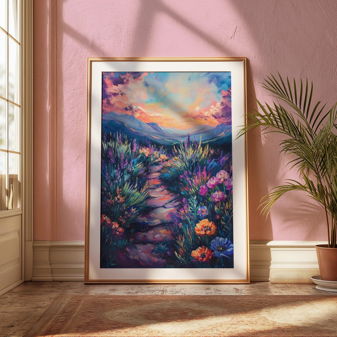 Wildflower Meadow Path Mountain Sunset Impressionist Art Poster - Image 2