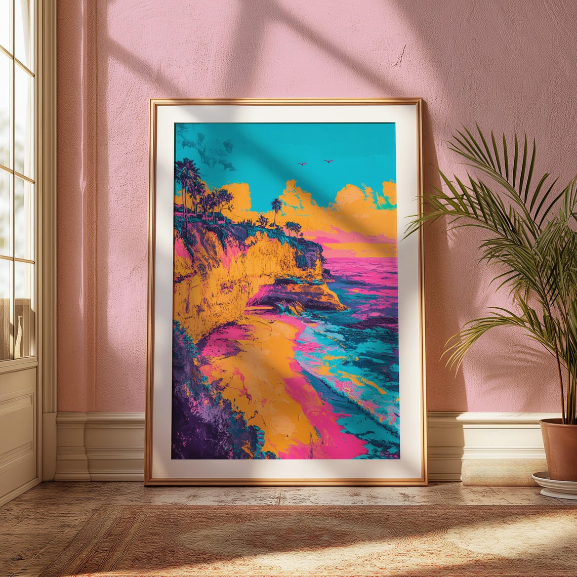 Colorful Tropical Ocean Cliff Palm Trees Sunset Pop Art Beach Poster - Image 2