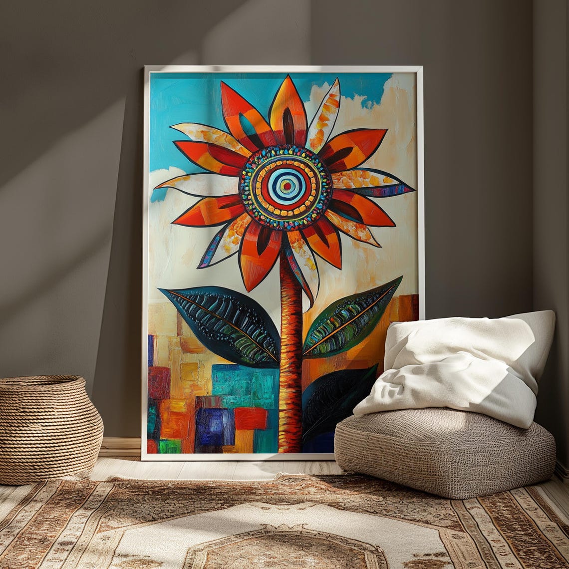 Folk Sunflower Concentric Center Patchwork Sky Floral Art Poster - Image 3