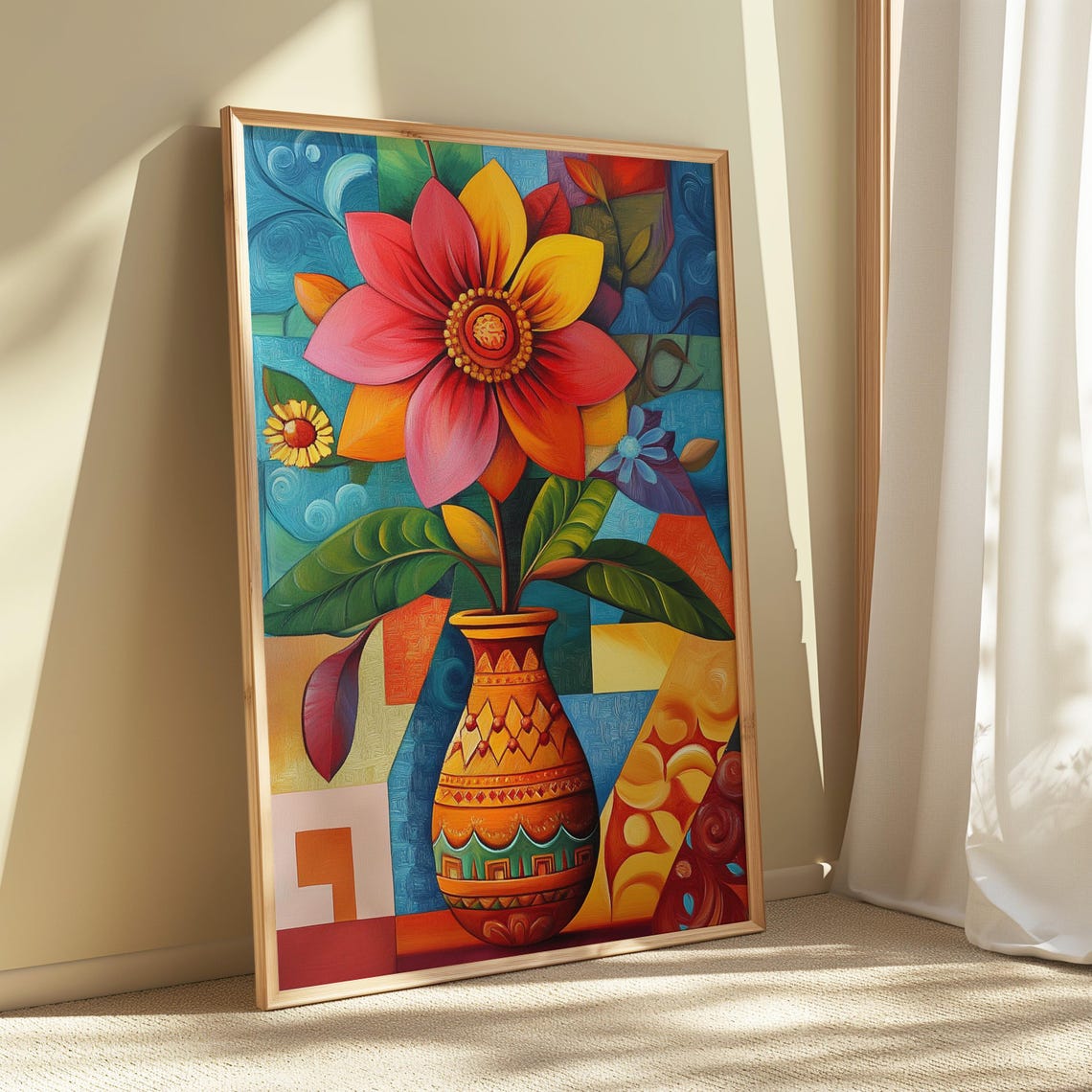 Red Blossom Terracotta Vase Blue Mosaic Pattern Floral Poster - Image 5