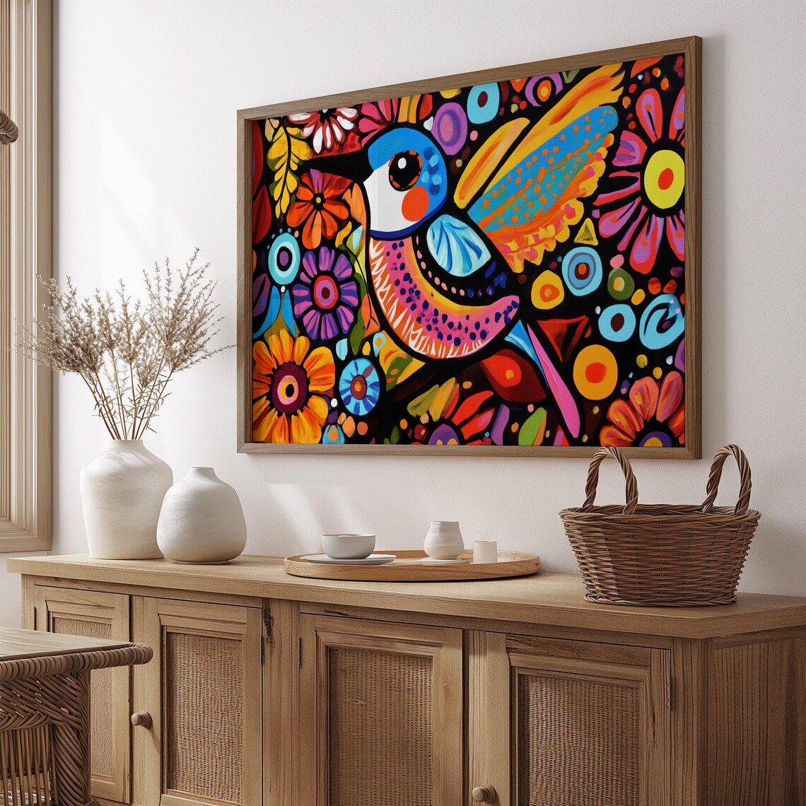 Folk Art Bird Wings Spread Print Colorful Floral Night Garden Wall Art