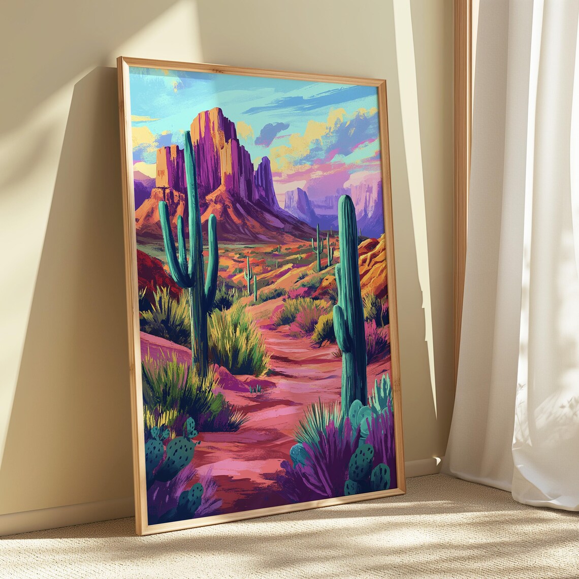Red Rock Mesa Saguaro Cactus Desert Trail Landscape Art Poster - Image 5