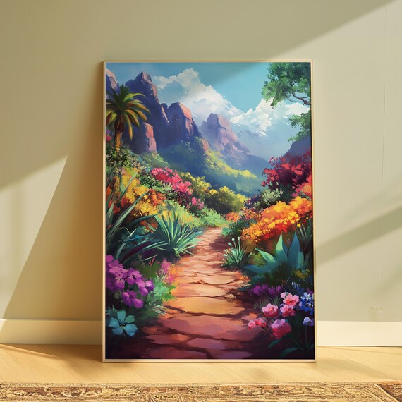 Stone Garden Path Red Rock Mountains Tropical Bloom Colorful Travel Poster