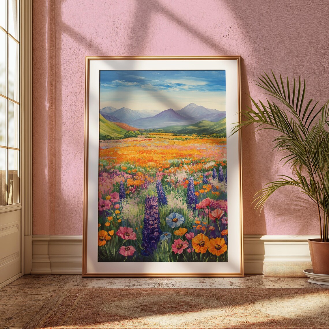 Sunny Wildflower Meadow Blue Flowers Mountain Landscape Art Print - Image 2