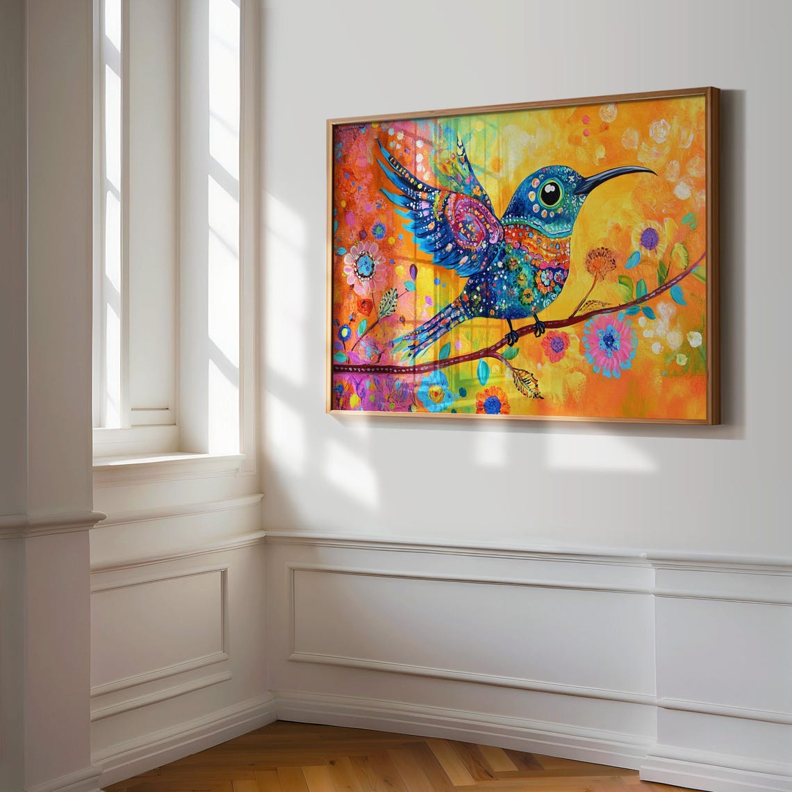 Sapphire Hummingbird Raised Patterned Wings Long Beak Fiesta Art Print - Image 3