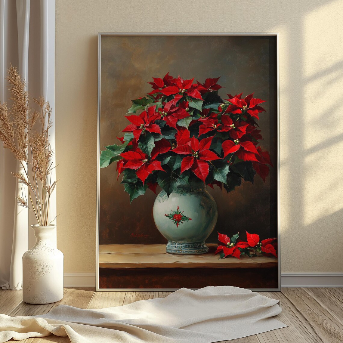 Red Poinsettia Celadon Vase Red Motif Christmas Still Life Poster - Image 3