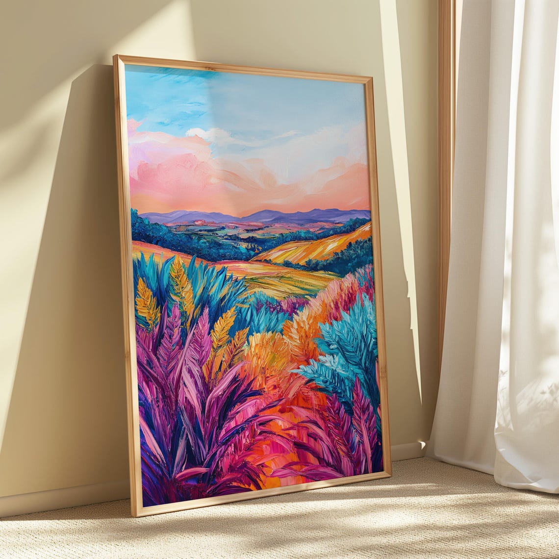 Colorful Rolling Hills Sunset Meadow Pink Sky Landscape Art Print - Image 5