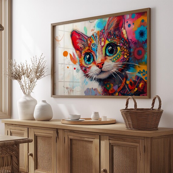 Mexican Folk Art Cat Face Big Blue Eyes Floral Mandala Boho Cat Poster