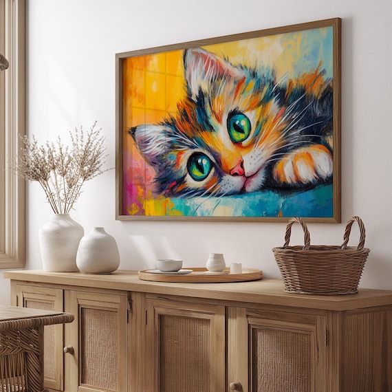 Calico Kitten Lying Down Tilted Head Big Green Eyes Colorful Art Poster