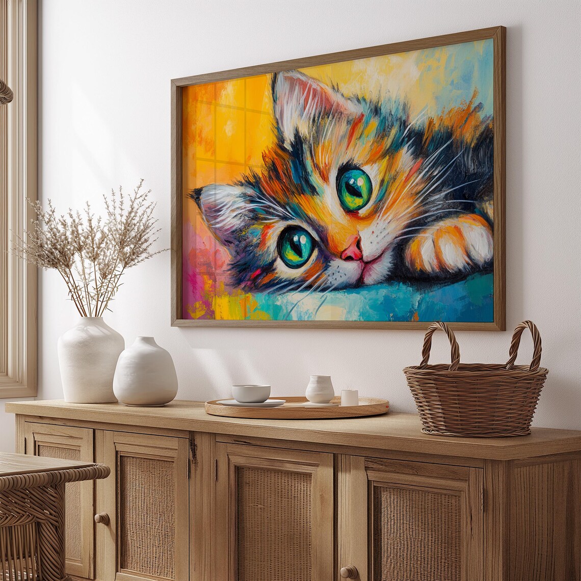 Calico Kitten Lying Down Tilted Head Big Green Eyes Colorful Art Poster